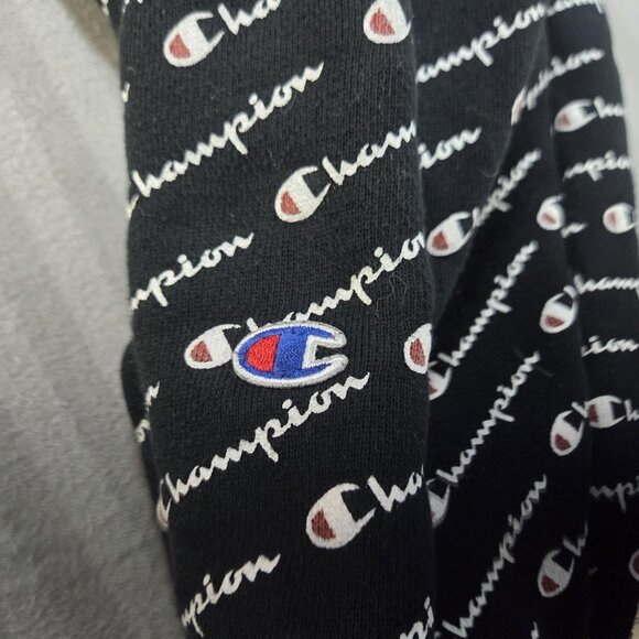Champion Hoodie Mens Large Black Reverse Weave All Over Logo Script Pullover - Picture 5 of 10